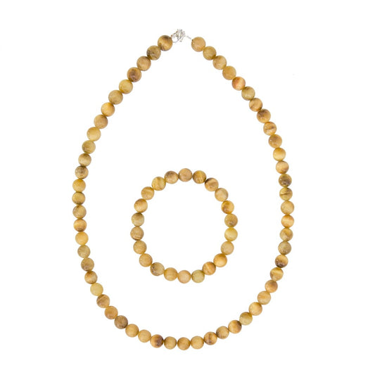Parure in occhio di tigre dorato – Perle sferiche da 8 mm