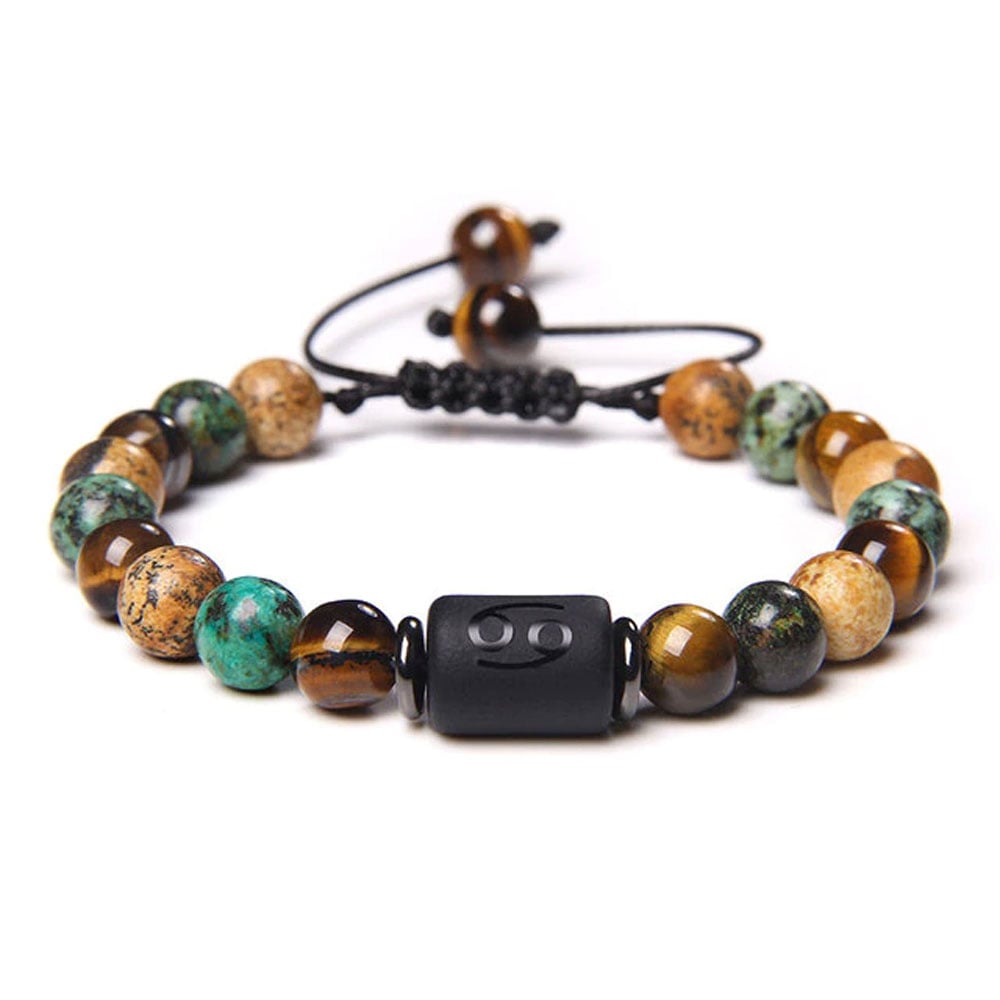 Bracciale Cancro in diaspro – Occhio di tigre, turchese, Diaspro – cordoncino regolabile