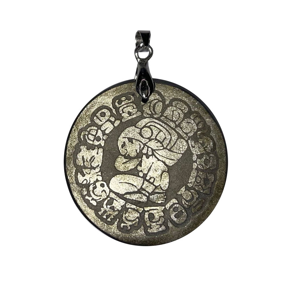 Ciondolo calendario Maya in ossidiana dorata - rotondo