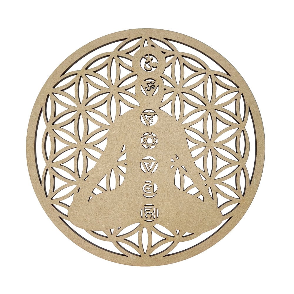 Piastra di ricarica Fiore della vita e 7 chakra – Legno intagliato