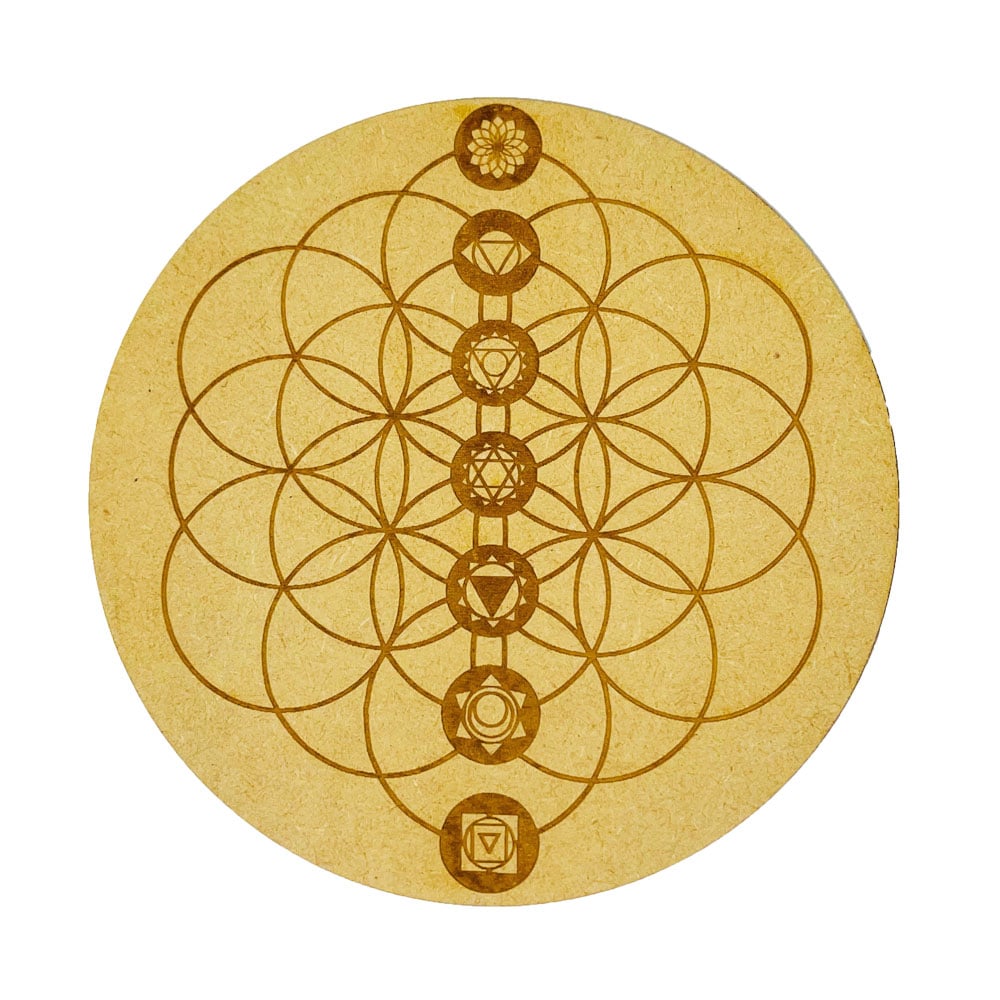 Piastra di ricarica Seme della vita e 7 chakra – Legno intagliato