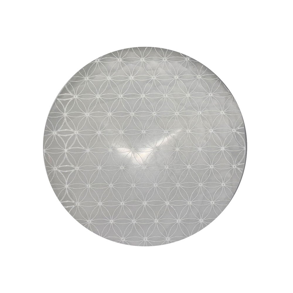 Piastra di ricarica in selenite – Fiore della vita – 10 cm