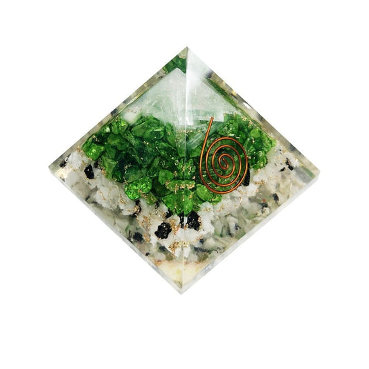 Piramide in pietra di luna – selenite – onice verde – da 60 a 70 mm