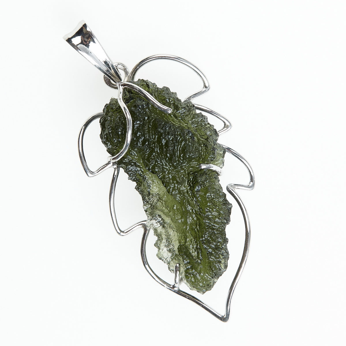 Ciondolo in argento con Moldavite – foglia d'albero 7806