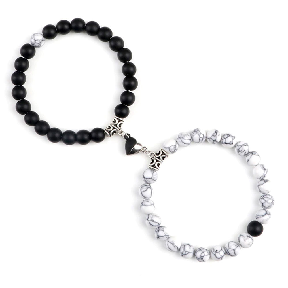 Braccialetti per Coppia – Cuore Yin-Yang – Howlite e Onice opaco – 19 cm