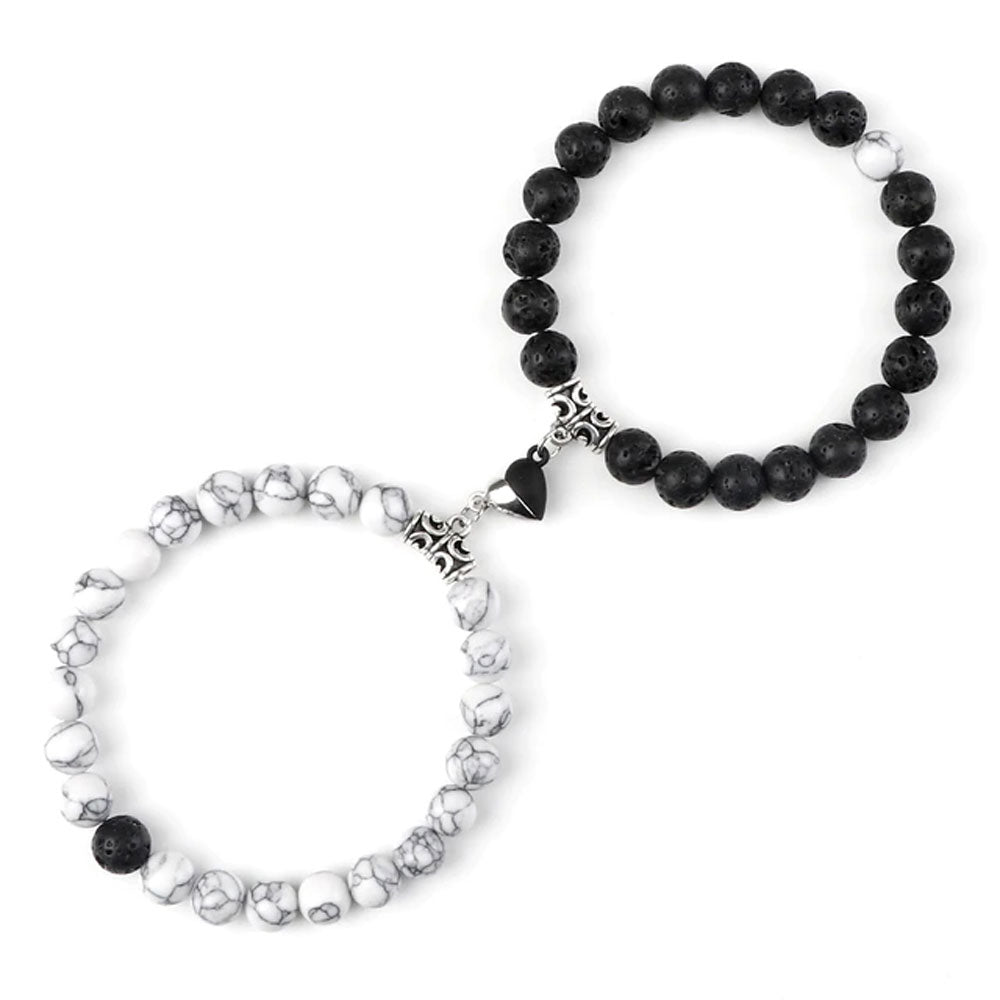 Braccialetti per Coppia – Cuore Yin-Yang – Howlite e Pietra Lavica – 19 cm