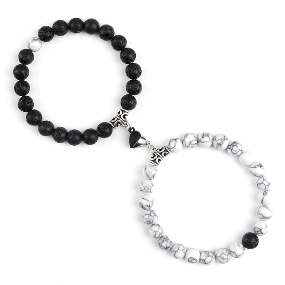 Braccialetti per Coppia – Cuore Yin-Yang – Howlite e Pietra Lavica – 19 cm