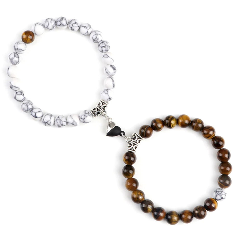 Braccialetti per Coppia – Cuore Yin-Yang – Occhio di tigre e Howlite – 19 cm