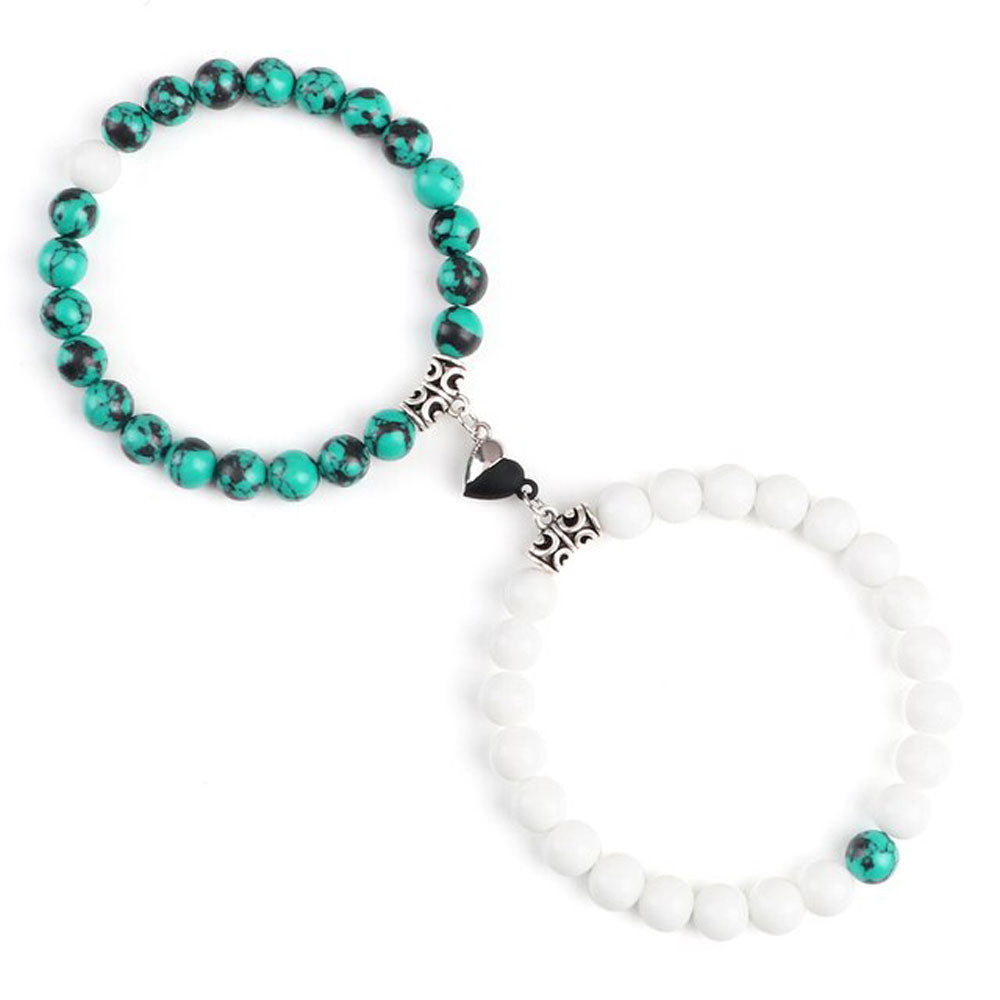 Braccialetti per Coppia – Cuore Yin-Yang – Onice Bianco e Howlite Blu – 19 cm