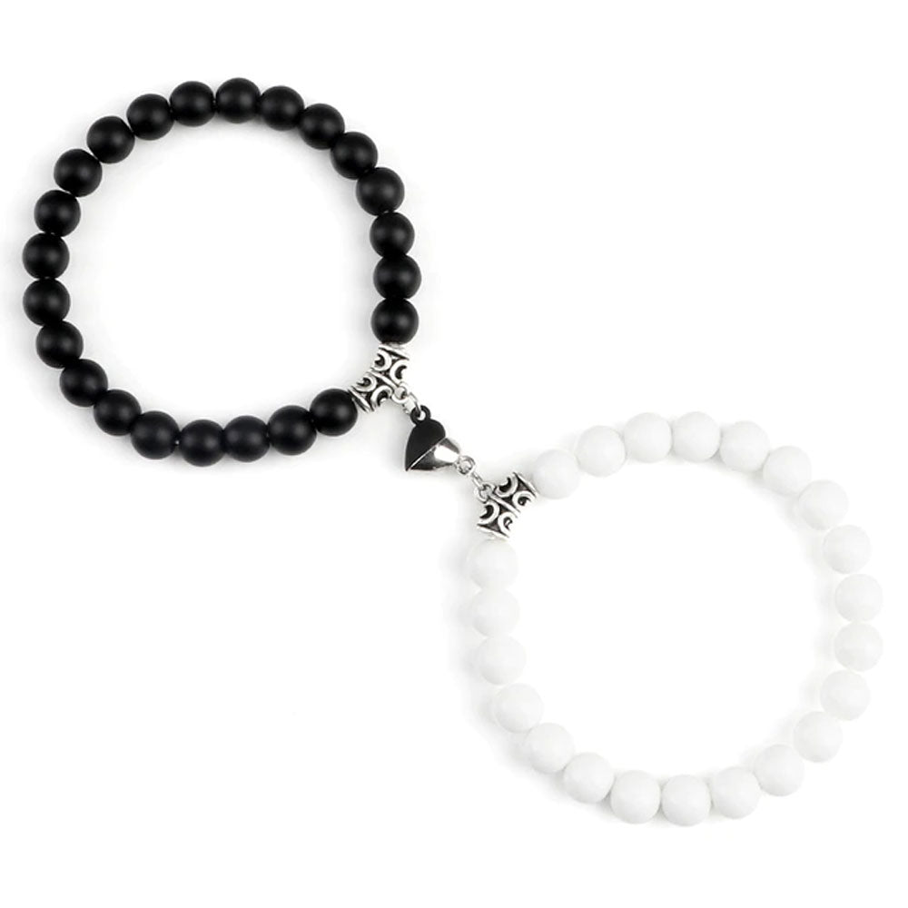 Braccialetti per Coppia – Cuore Yin-Yang – Onice Bianco e Nero Opaco – 19 cm