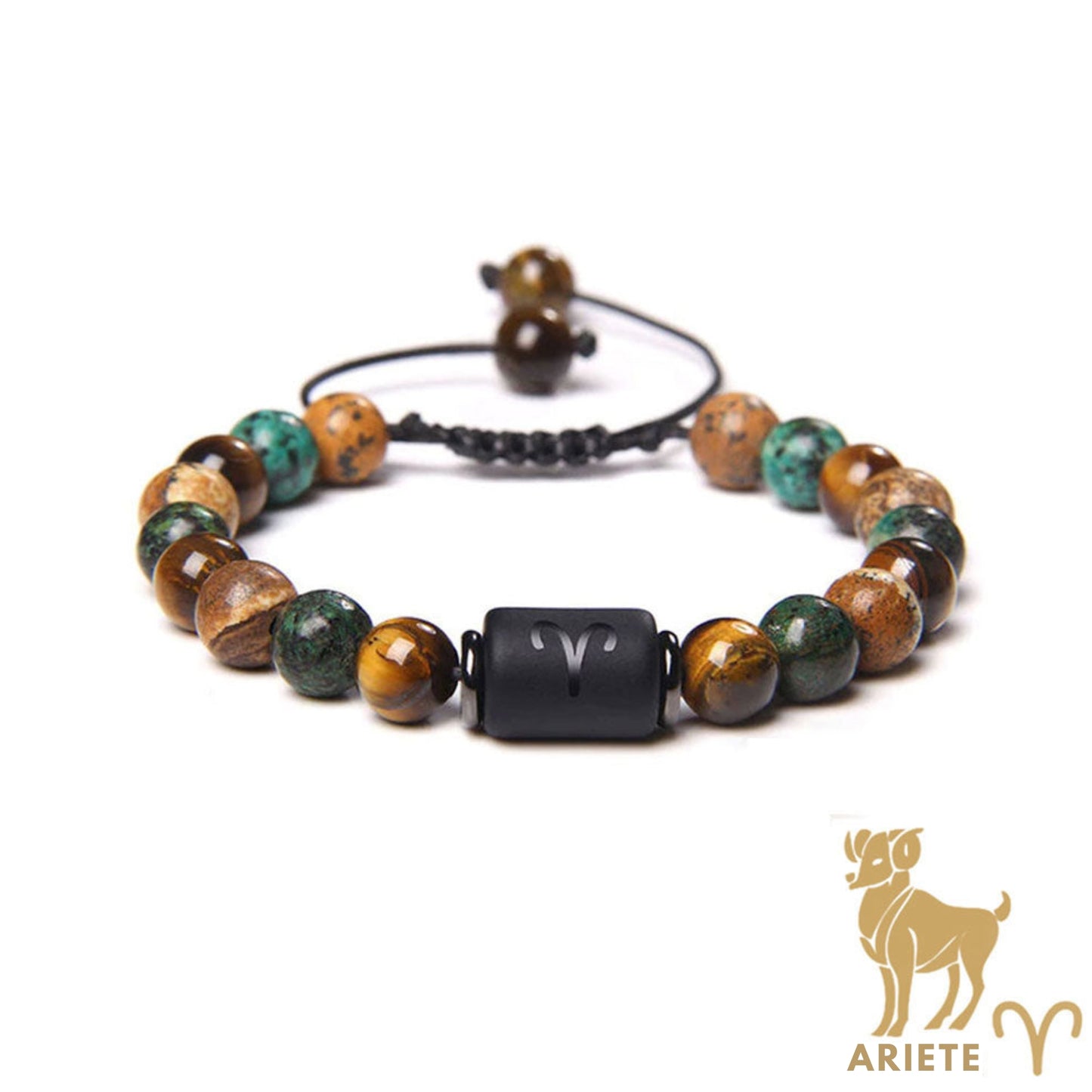 Bracciale Ariete – Occhio di Tigre, Turchese, Diaspro – Cordoncino regolabile