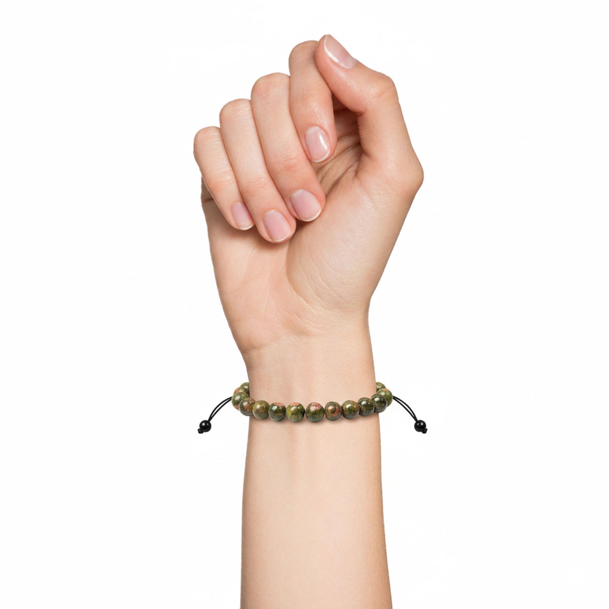 Bracciale in unakite – Perle sferiche da 8 mm cordoncino regolabile