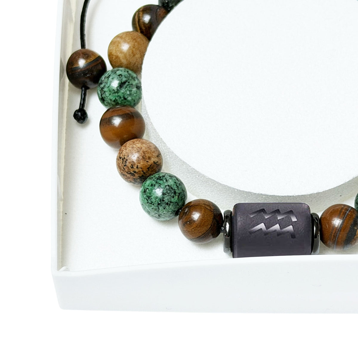 Bracciale Acquario in diaspro – Occhio di tigre, turchese, Diaspro – cordoncino regolabile