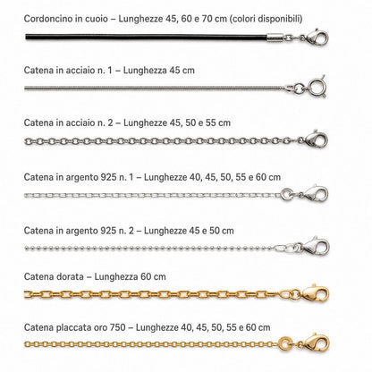 Cordoncino in cuoio e catene in acciaio, argento 925, dorata e placcata oro, con le lunghezze disponibili