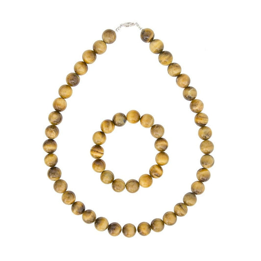 Parure in occhio di tigre dorato – Perle sferiche da 12 mm