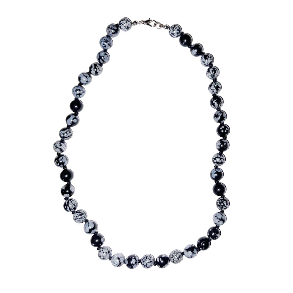 Collana in ossidiana neve – Perle sferiche annodate 8 mm – 45 cm