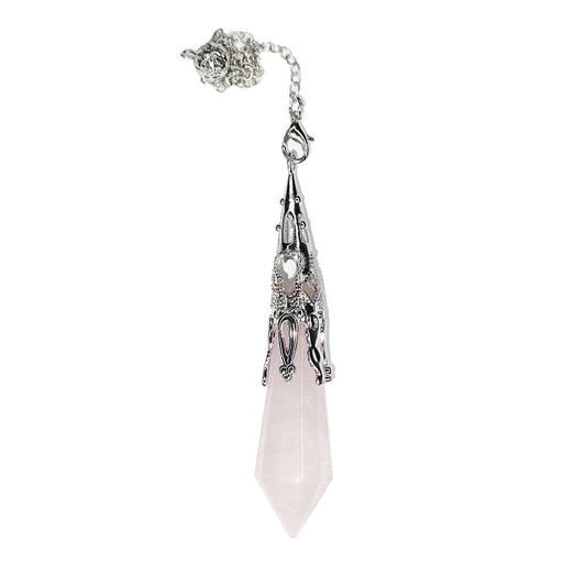 Pendolo in quarzo rosa – incastonato in metallo