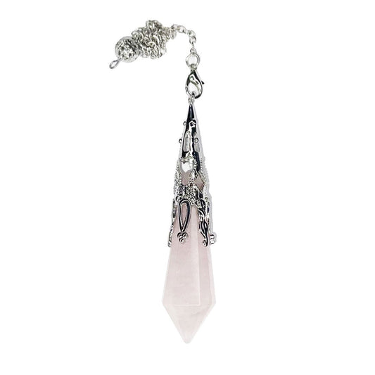 Pendolo in quarzo rosa – incastonato in metallo