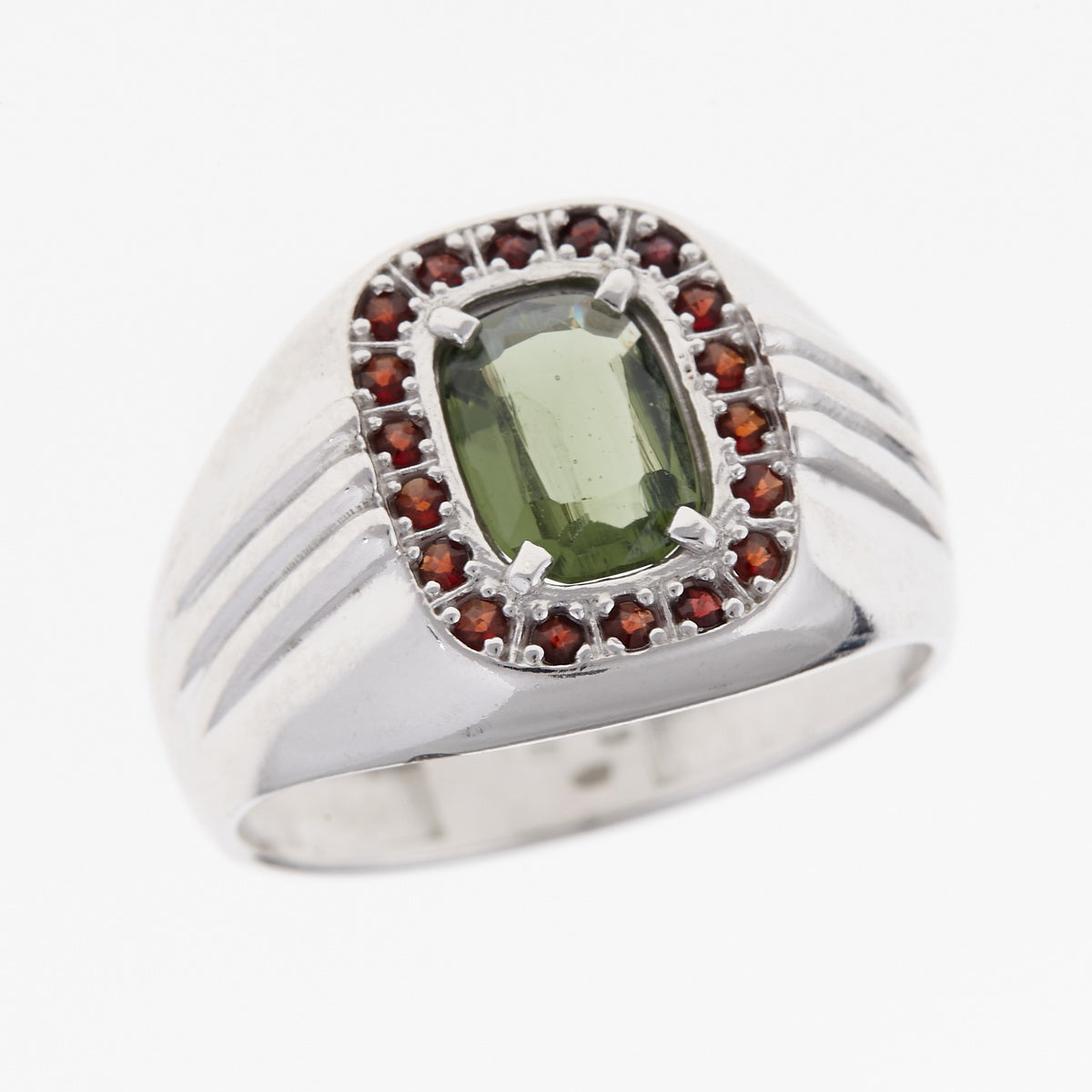 Anello da uomo in Argento con Moldavite e Granati 3103 Codice catalogo: AGVG3103