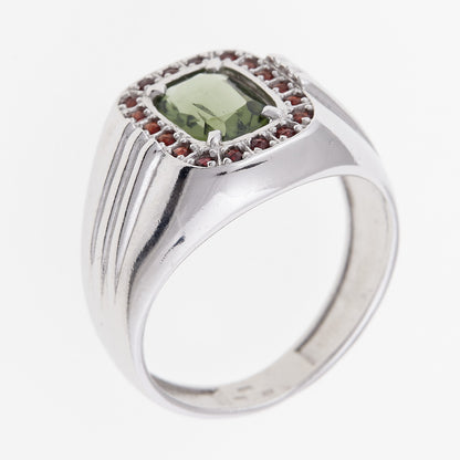 Anello da uomo in Argento con Moldavite e Granati 3103 Codice catalogo: AGVG3103