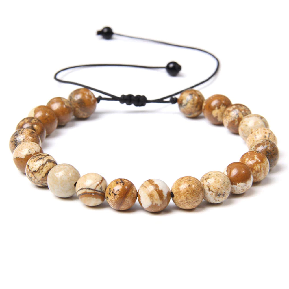 Bracciale in Diaspro Paesaggistico – cordino regolabile con pietre sferiche