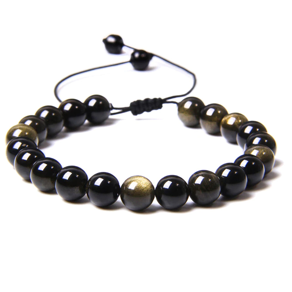Bracciale in Ossidiana dorata – cordino regolabile con pietre sferiche da 8 mm