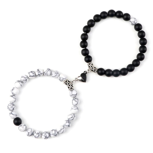 Braccialetti per Coppia – Cuore Yin-Yang – Howlite e Onice opaco – 19 cm