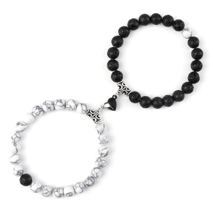 Braccialetti per Coppia – Cuore Yin-Yang – Howlite e Pietra Lavica – 19 cm