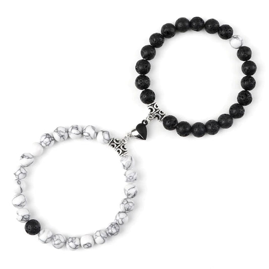 Braccialetti per Coppia – Cuore Yin-Yang – Howlite e Pietra Lavica – 19 cm