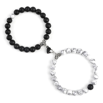 Braccialetti per Coppia – Cuore Yin-Yang – Howlite e Pietra Lavica – 19 cm