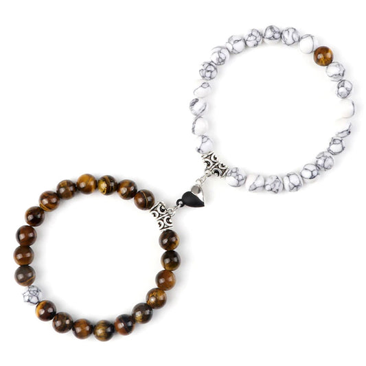 Braccialetti per Coppia – Cuore Yin-Yang – Occhio di tigre e Howlite – 19 cm