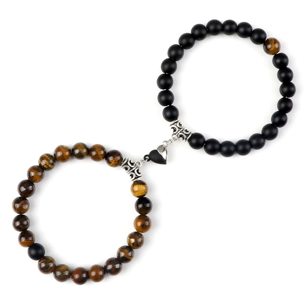 Braccialetti per Coppia – Cuore Yin-Yang – Occhio di Tigre e Onice Opaco – 19 cm