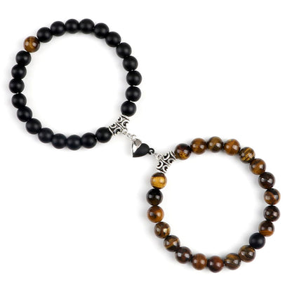 Braccialetti per Coppia – Cuore Yin-Yang – Occhio di Tigre e Onice Opaco – 19 cm