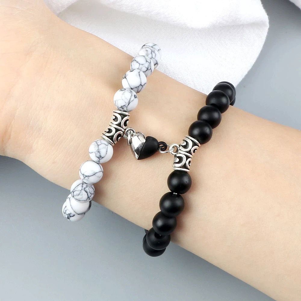 Braccialetti per Coppia – Cuore Yin-Yang – Occhio di Tigre e Onice Opaco – 19 cm