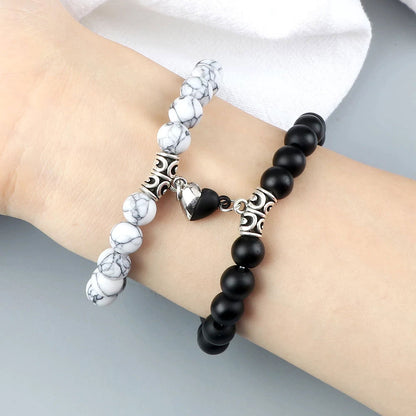 Braccialetti per Coppia – Cuore Yin-Yang – Occhio di Tigre e Onice Opaco – 19 cm