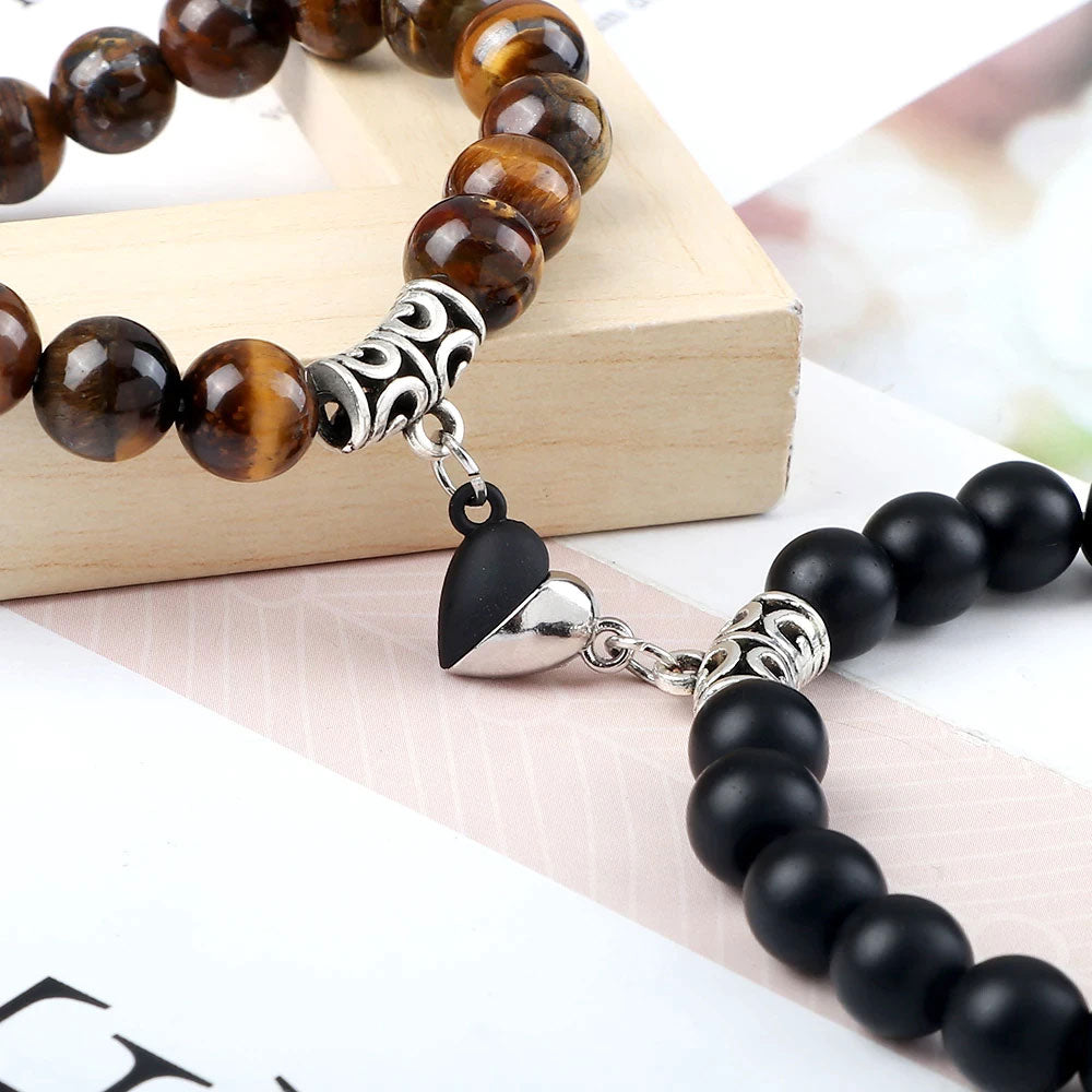 Braccialetti per Coppia – Cuore Yin-Yang – Occhio di Tigre e Onice Opaco – 19 cm