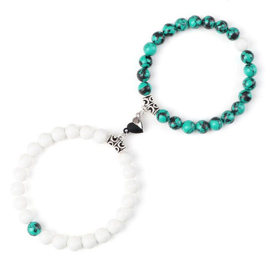 Braccialetti per Coppia – Cuore Yin-Yang – Onice Bianco e Howlite Blu – 19 cm