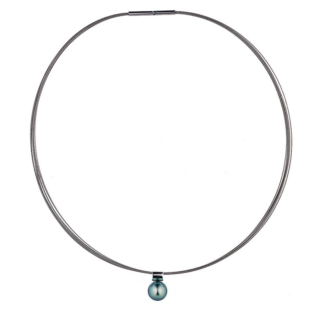 Collana in Acciaio grigio con perla rotonda di Tahiti – Chiusura a baionetta